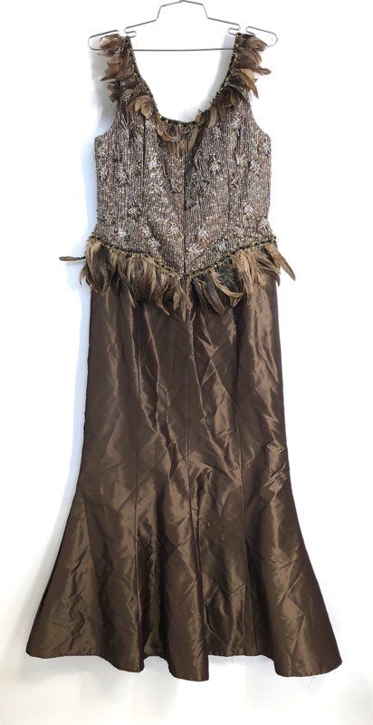 Vintage 90s Victoria Royal Women's Brown Silk Beaded Feather Gown Dress Sz 12