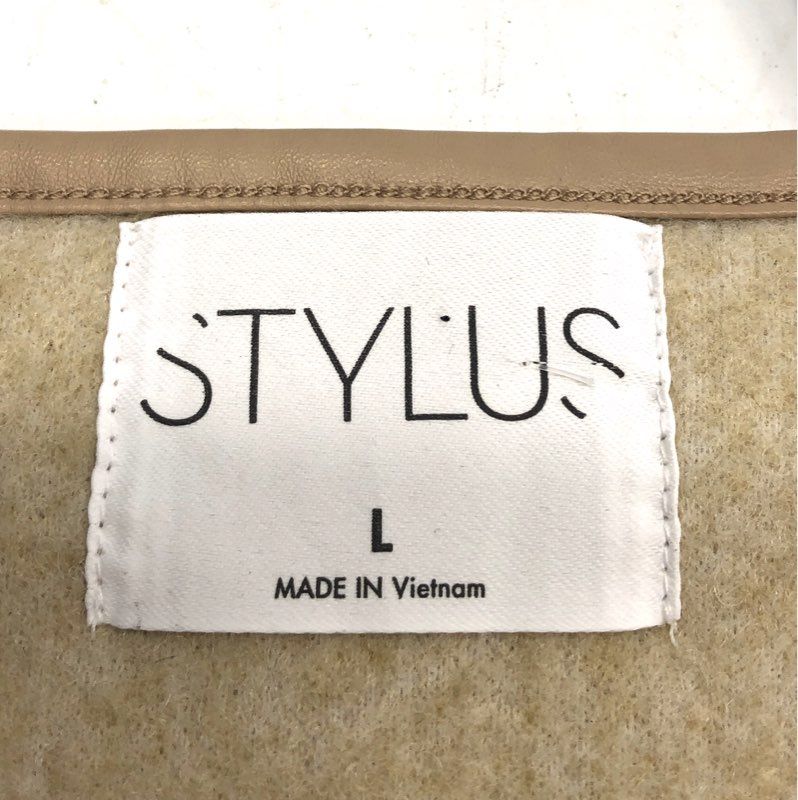 Stylus Women's Beige Boucle Faux Leather Trim Open Front Topper Coat Sz L