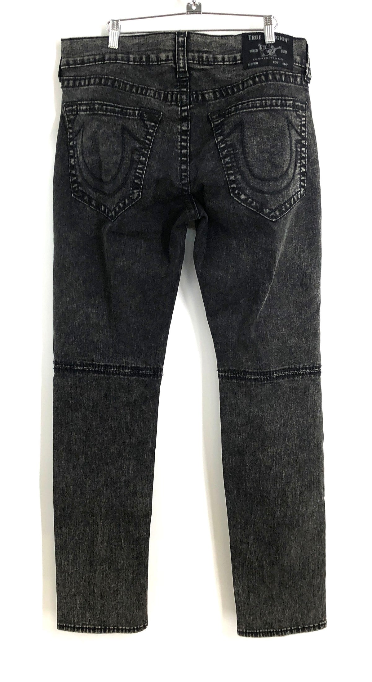 True Religion Men's Geno Relaxed Slim Moto Jeans Black Acid Wash Ribbed Sz 34
