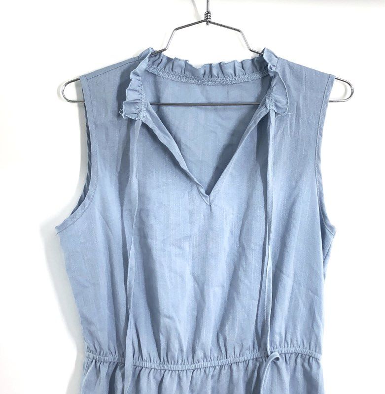 Women's Light Blue Sleeveless Ruffle V-Neck Tie Front Tiered Mini Dress Sz S