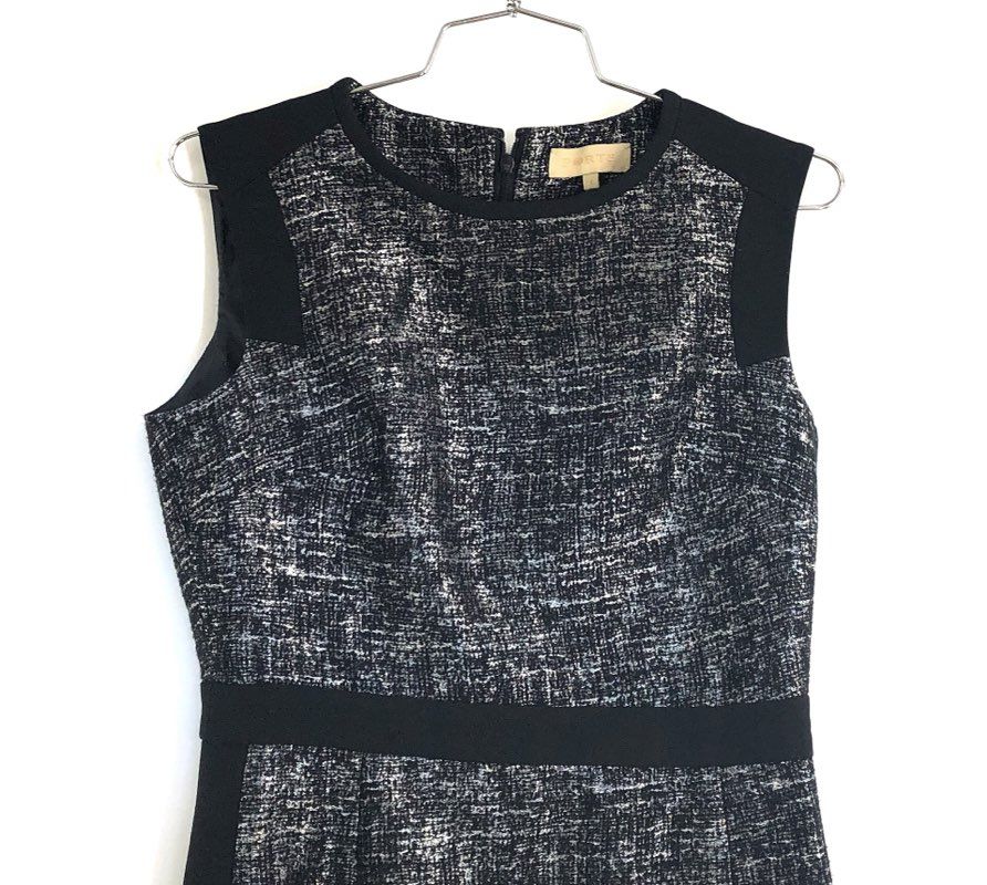 Ports Women's Black White Textured Tweed Panel Sleeveless Sheath Dress Sz 4
