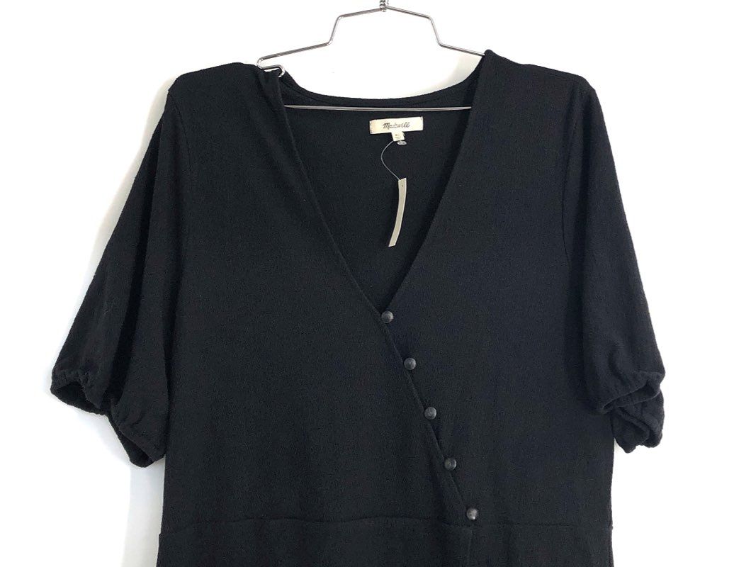 Madewell Women's Black Asymmetrical Button Front Mini Dress Puff Sleeve XL NWT