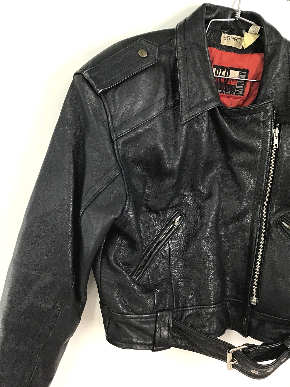 Esprit Sport Women&#39;s Black Leather Cropped Motorcycle Jacket - Size Large