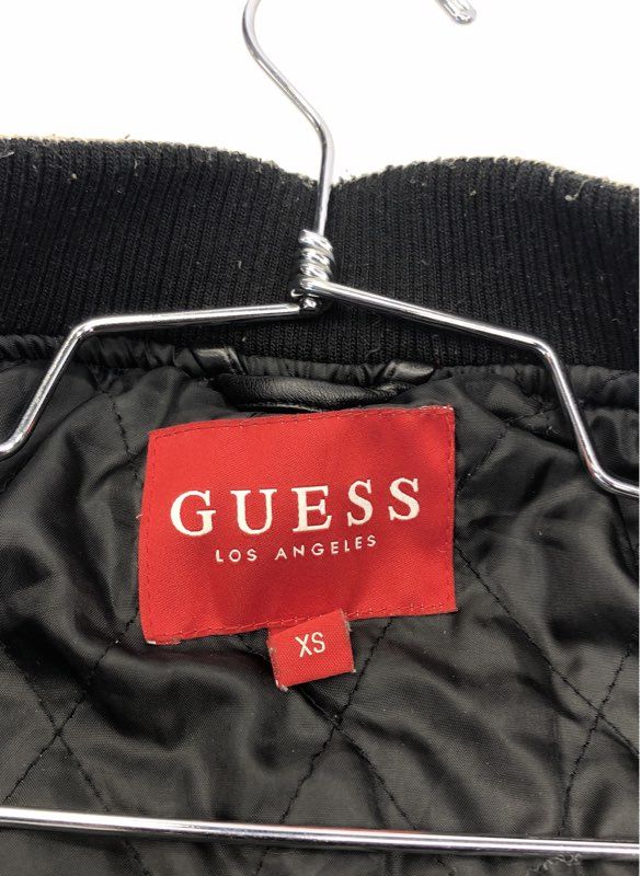 Guess Women's Black Varsity Bomber Jacket Faux Leather Sleeves Logo Back Sz XS