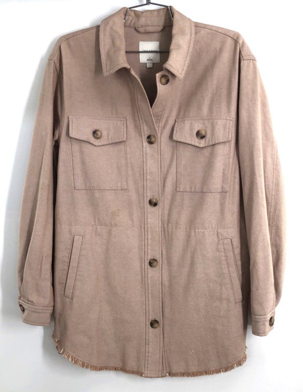 Gentle Fawn Women's Tan Frayed Hem Cotton Button Up Shirt Jacket Shacket Sz S