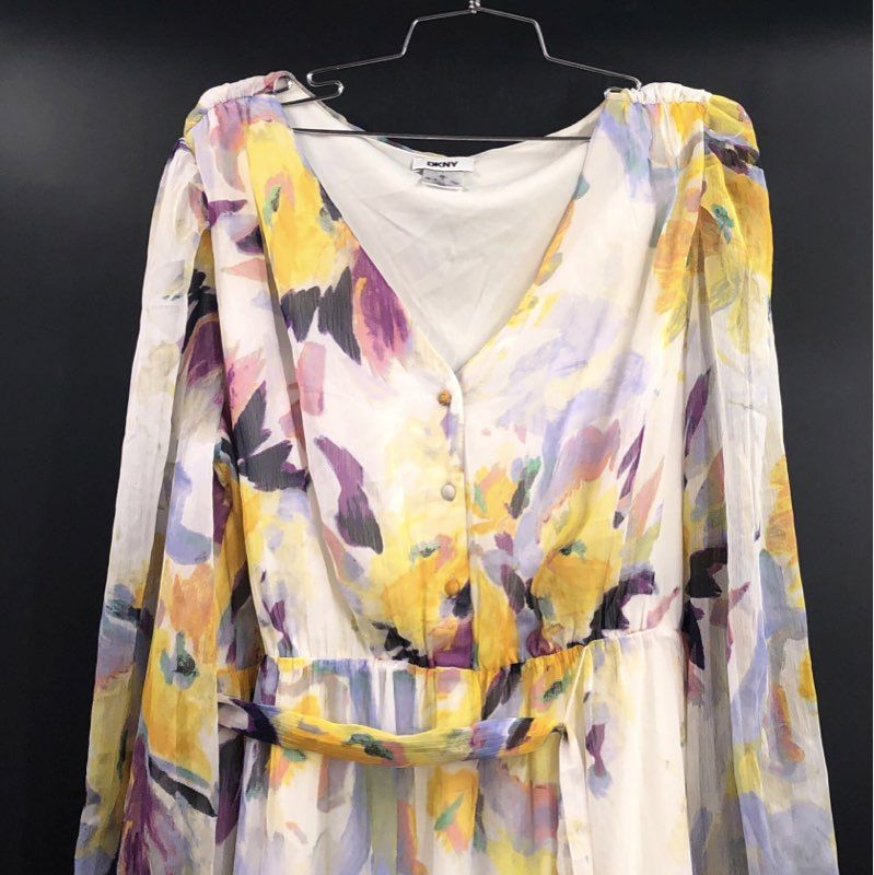 DKNY Women's Multicolor Floral Long Sleeve Belted Tiered Midi Dress NWT Sz 16