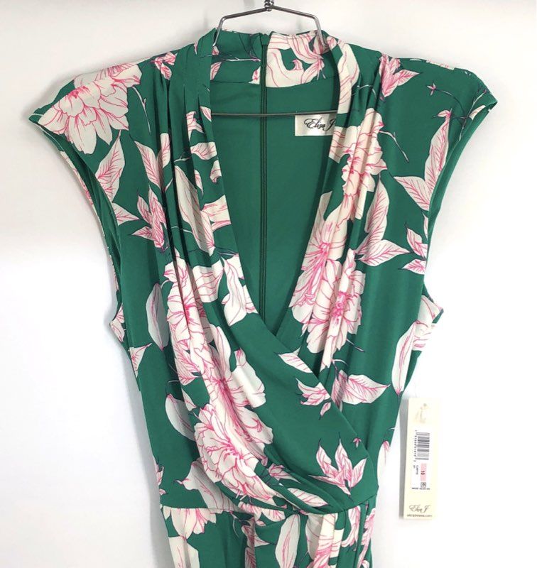 Eliza J Women's Green Floral Surplice Faux Wrap Tie Waist Dress Pink Sz 10 NWT