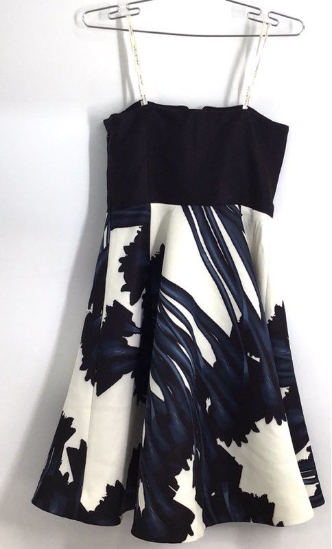 Halston Heritage Women's Abstract Floral Fit and Flare Dress Black Blue Sz 0 NWT