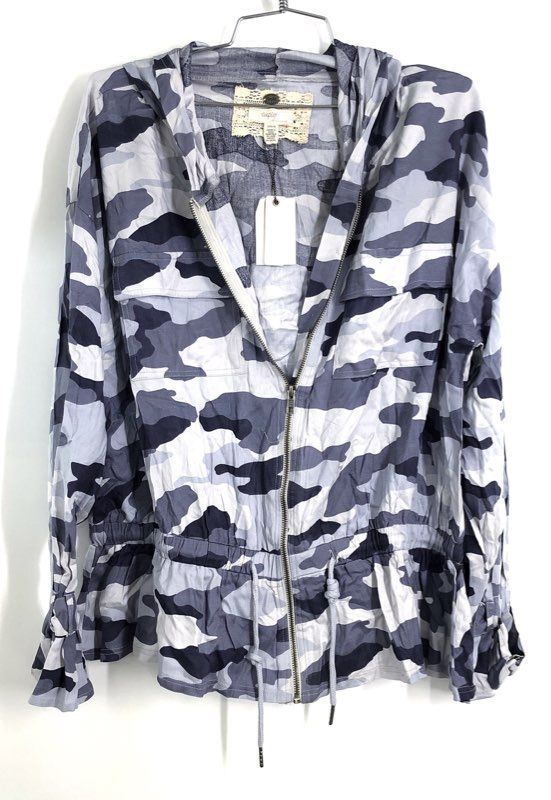 Cupio Blush Women's Blue Gray Camo Hooded Full Zip Utility Jacket NWT Sz L