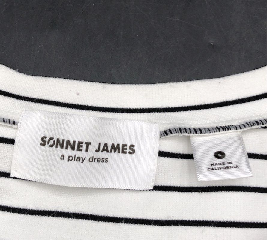 Sonnet James Women's White Black Striped A Play Dress Long Sleeve Jersey Sz S