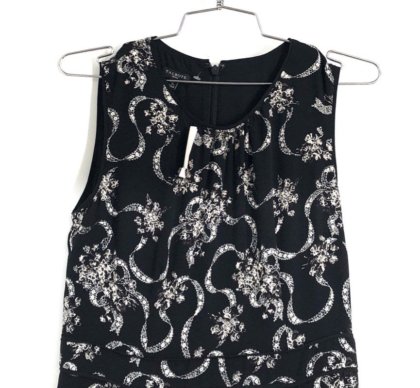 Talbots Women's Petite Black White Floral Ribbon Print Sleeveless Dress Sz 2P