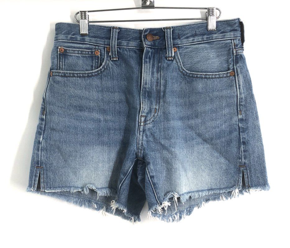 Madewell Women's Relaxed Mid-Length Denim Shorts Blue Raw Hem Size 25
