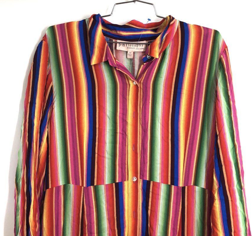 Philosophy Women's Multicolor Striped Viscose Maxi Shirt Dress Size 16 NWT