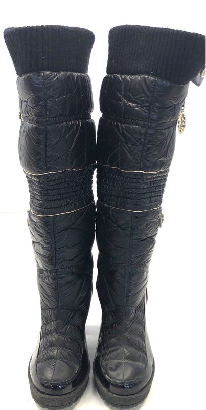 Vintage Y2K Baby Phat Black Quilted Puffer High Heel Knee High Boots Size 8