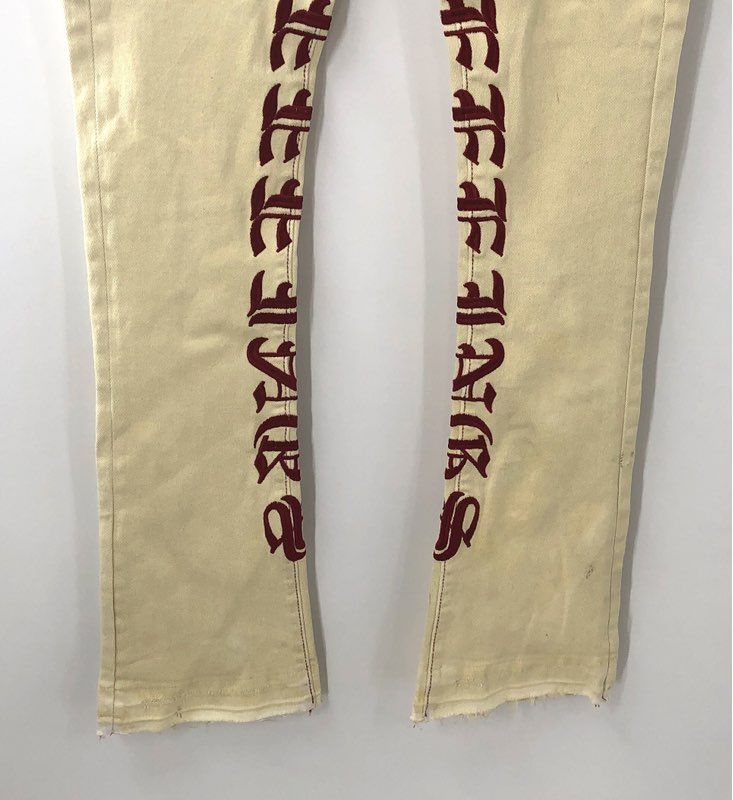 Pheelings Men's Cream Graphic Jeans Gothic Lettering Raw Hem Stretch Sz 34 NWT