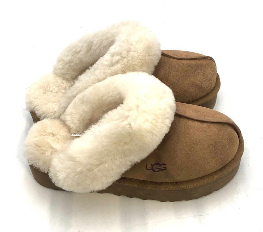 UGG Disquette Chestnut Suede Sheepskin Platform Slippers Women's Size 5