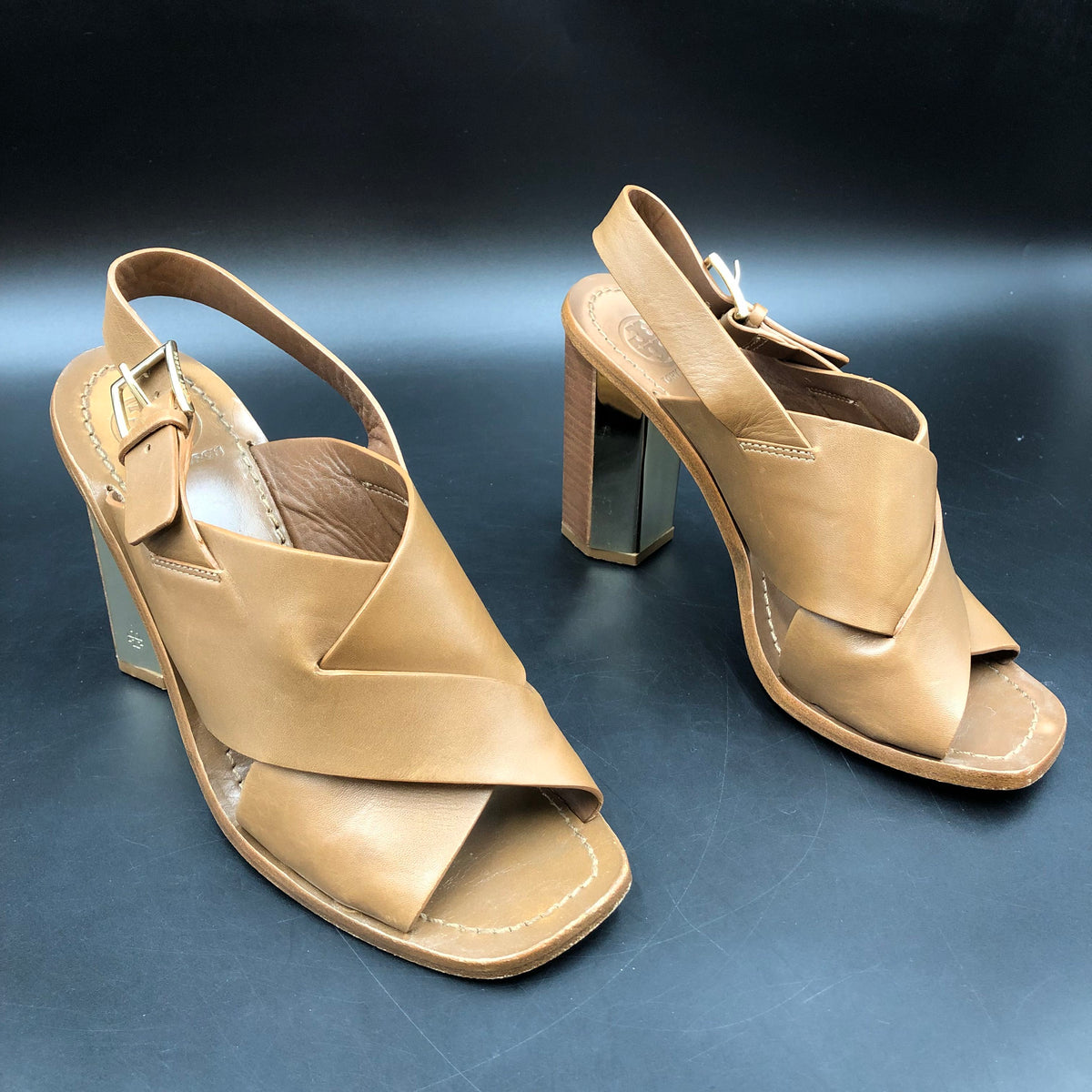 Tory Burch Brown Leather Cross Band Slingback Block Heel Sandals Size 7 COA