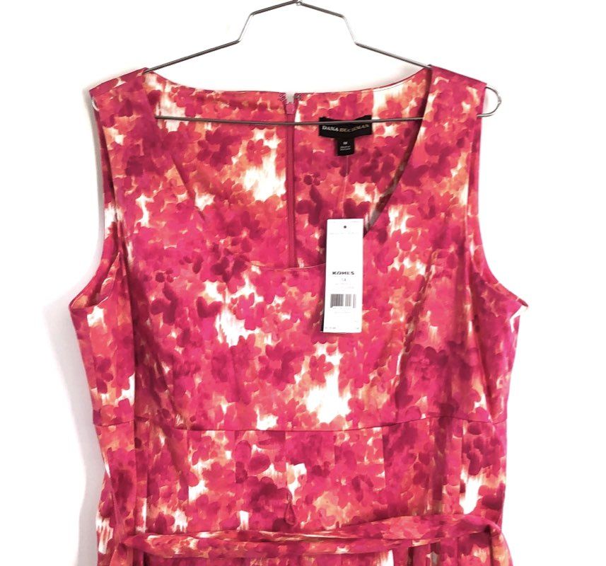 Dana Buchman Women's Pink Hibiscus Floral Sleeveless Cotton Dress NWT Size 14