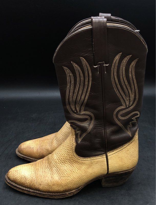 Old West Brown Tan Snakeskin Print Leather Western Cowboy Boots Size 9 D