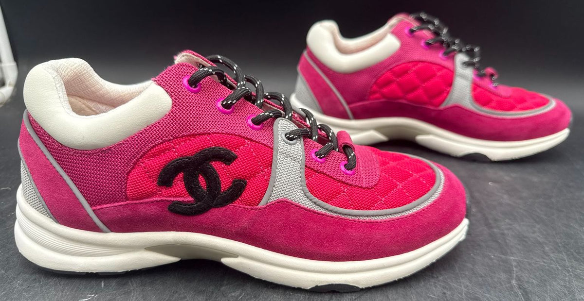 Chanel Inspired Women's Fuchsia Pink/Silver/White CC Logo Sneakers - Size 41