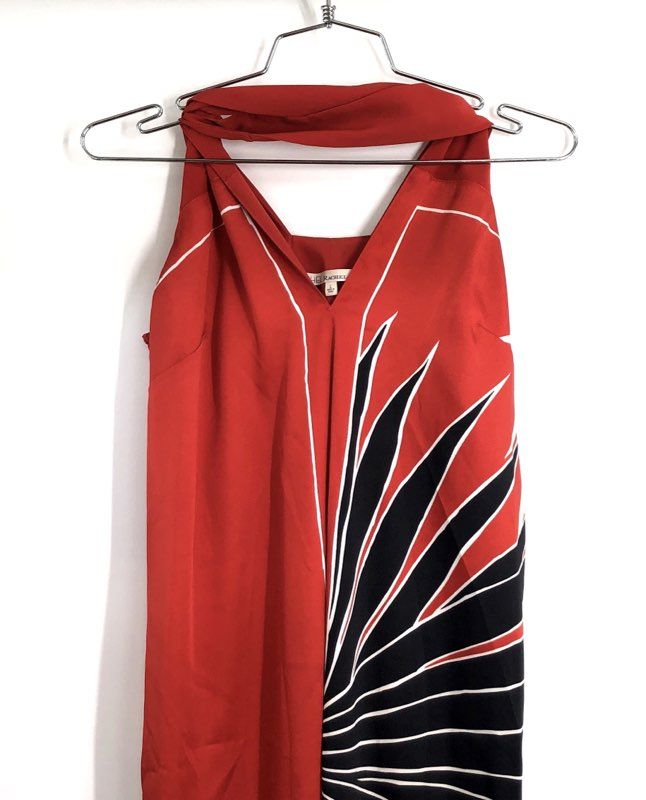 Rachel Roy Women's Red Multi Lava Combo Abstract Floral Halter Maxi Dress Sz L