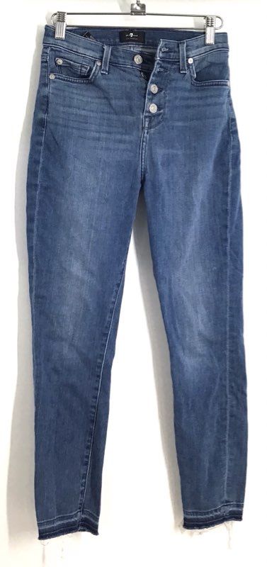 7 For All Mankind Women's Blue High Rise Exposed Button Fly Skinny Jeans Sz 25