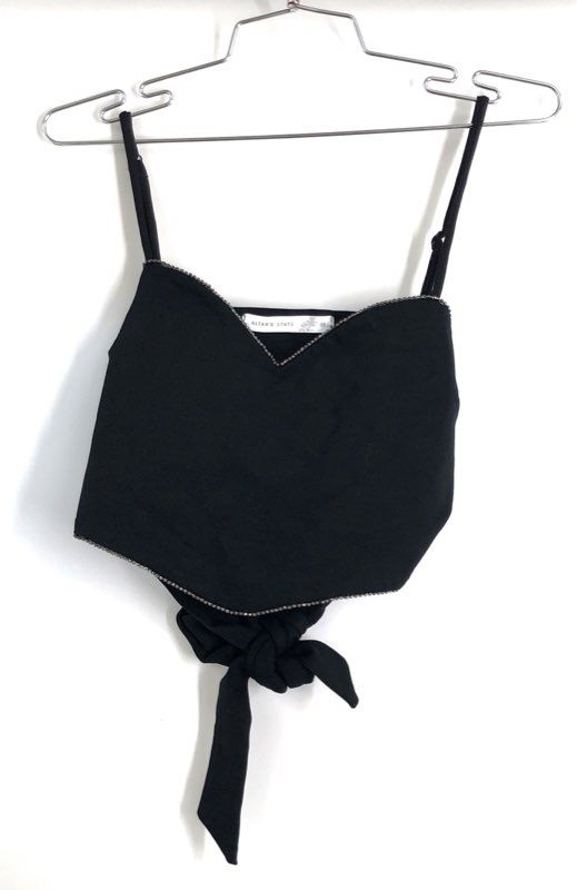 Altar'd State Women's Black Rhinestone Trim Sweetheart Back Tie Crop Top Sz M