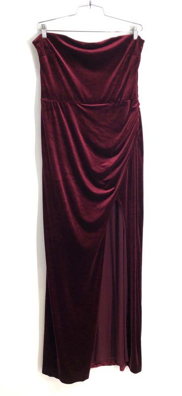 BHLDN Women's Red Berry Velvet Strapless Gown High Slit Floor Length NWT Sz XL
