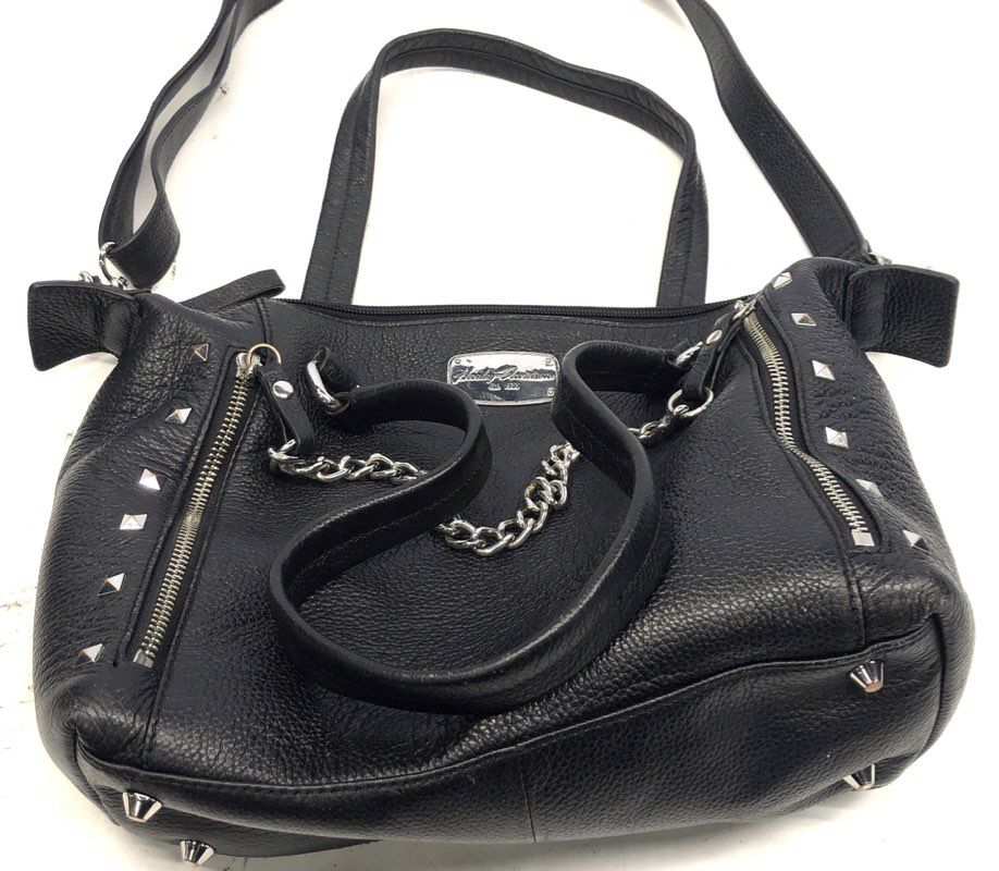 Harley Davidson Black Pebbled Leather Studded Satchel Crossbody Bag