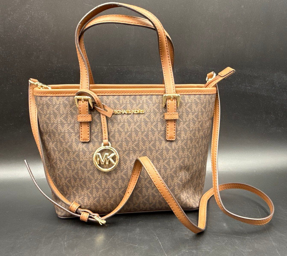 Michael Kors Brown Monogram Jet Set Travel Medium Top Zip Tote Gold Hardware