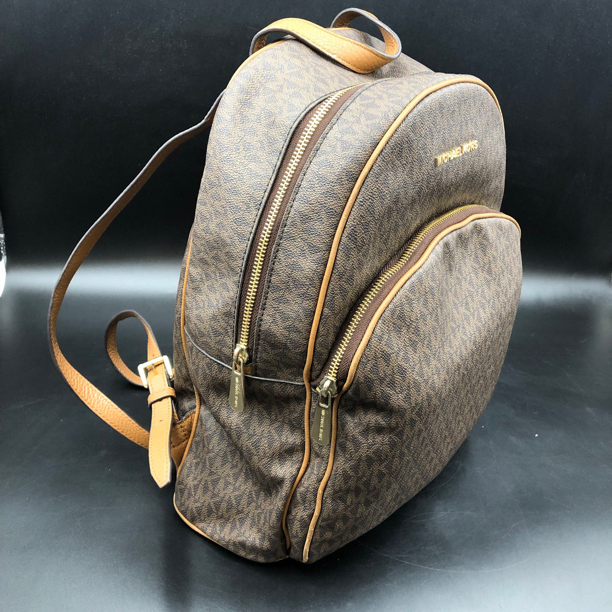Michael Kors Brown Signature Print Pacey Backpack Gold Hardware COA