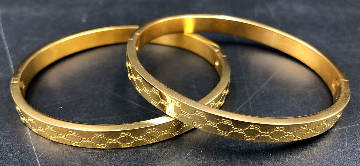 Lot of 2 Gucci Inspired Gold-Tone GG Bangle Bracelets Hinged Web Stripe