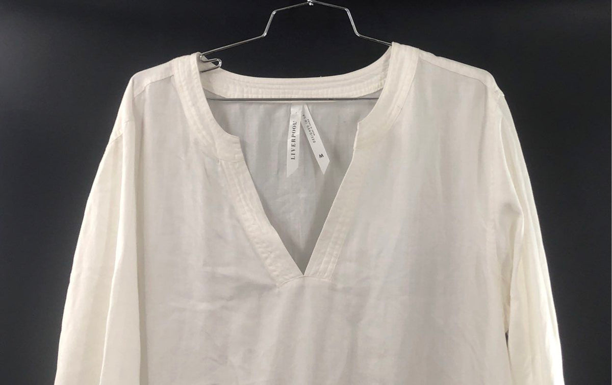 Liverpool Women's White V-Neck Bell Sleeve Blouse Crochet Trim Top Sz M