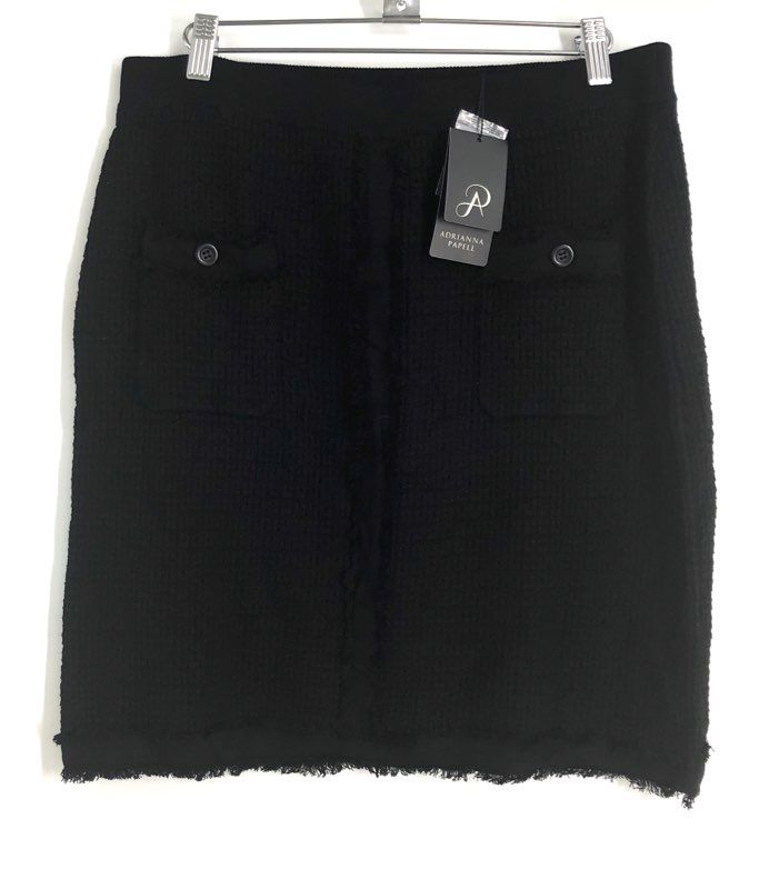 Adrianna Papell Women's Black Textured Knit Frayed Hem Button Skirt Sz M NWT