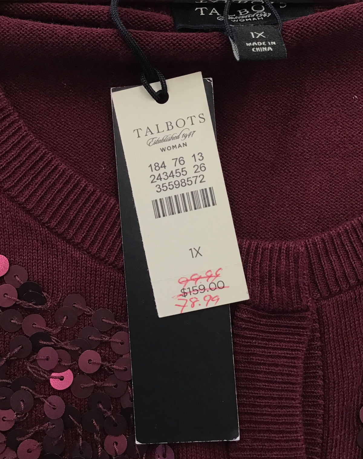 NWT Talbots Women&#39;s Maroon Sequin Cardigan Sweater - Size 1X