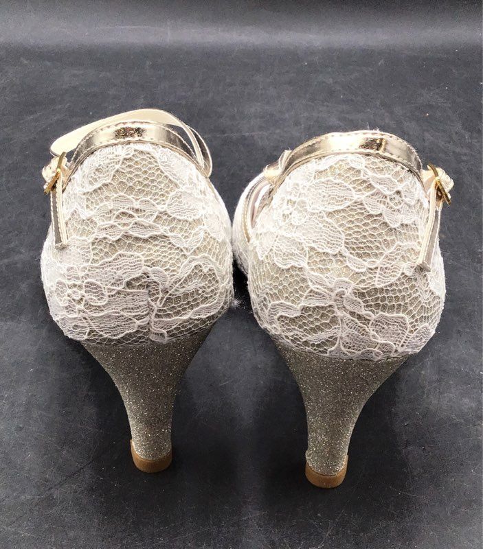 Jia Jia White Lace Gold Glitter Ankle Strap D'Orsay Kitten Heel Size EU 41