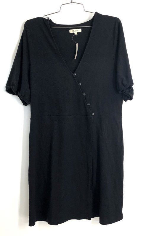 Madewell Women's Black Asymmetrical Button Front Mini Dress Puff Sleeve XL NWT