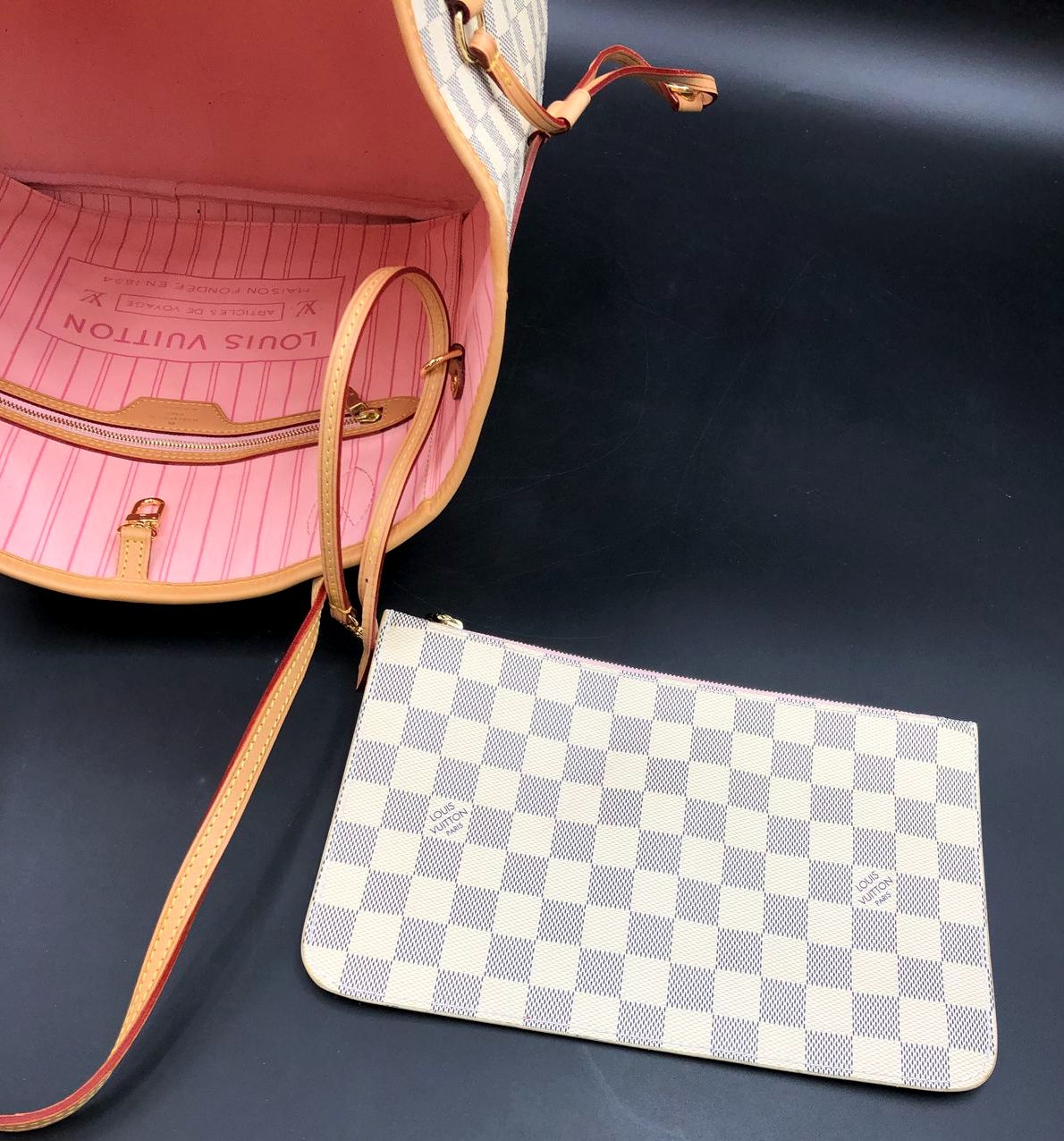 Louis Vuitton Inspired Cream White/Blue Signature Damier Print Canvas Tote