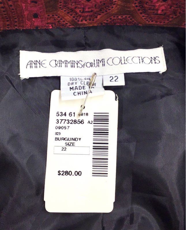 NWT Anne Crimms For UMI Collections Women's Burgundy Silk Shift Dress - Size 22