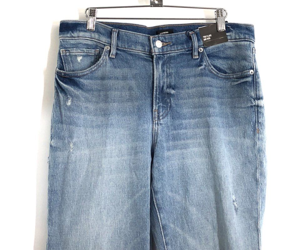 Express Women's '70s Flare Jeans Blue Mid Rise Distressed Raw Hem Sz 10S NWT