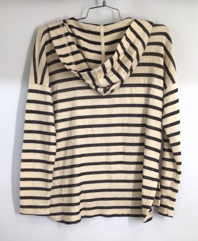Madewell Women's Striped Hooded Pullover Shirt Cream Navy Pockets XXS