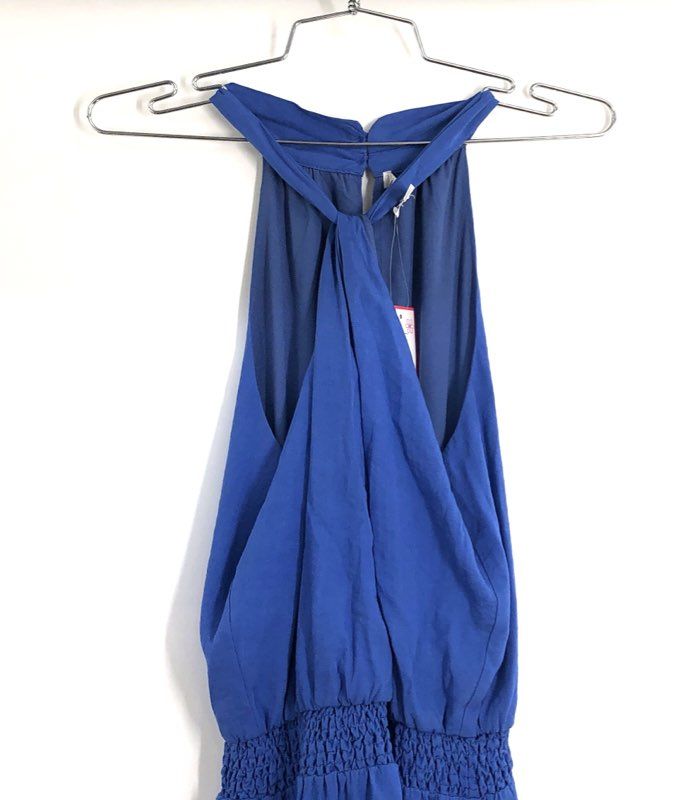 Joy Joy Women's Royal Blue Twist Smocked Halter Tiered Ruffle Dress NWT Sz S