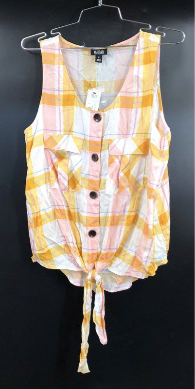 a.n.a Women's Dawn Plaid Sleeveless Tie Front Button Blouse Gold Pink Sz S NWT