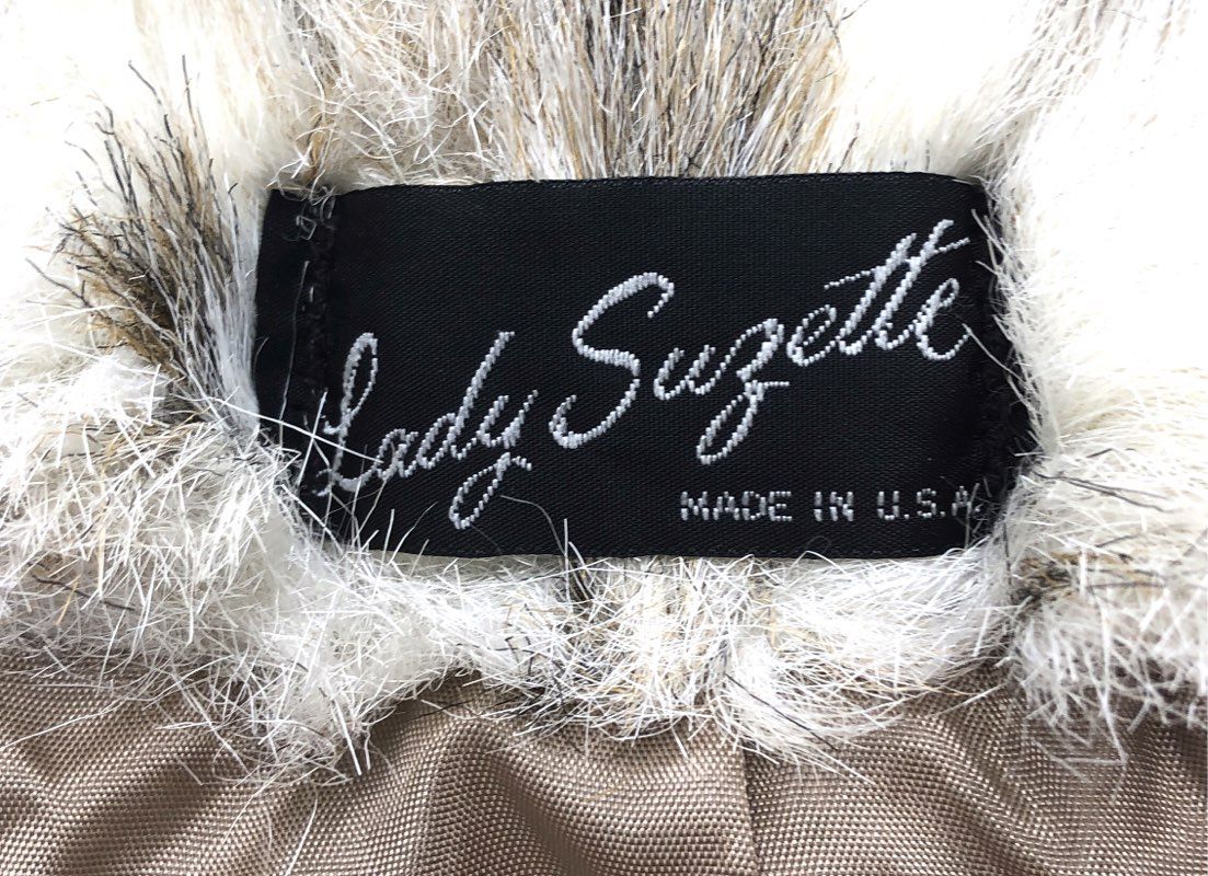 Lady Suzette Women's Faux Fur Coat Grey Tan Spotted Vintage 70s Made in USA