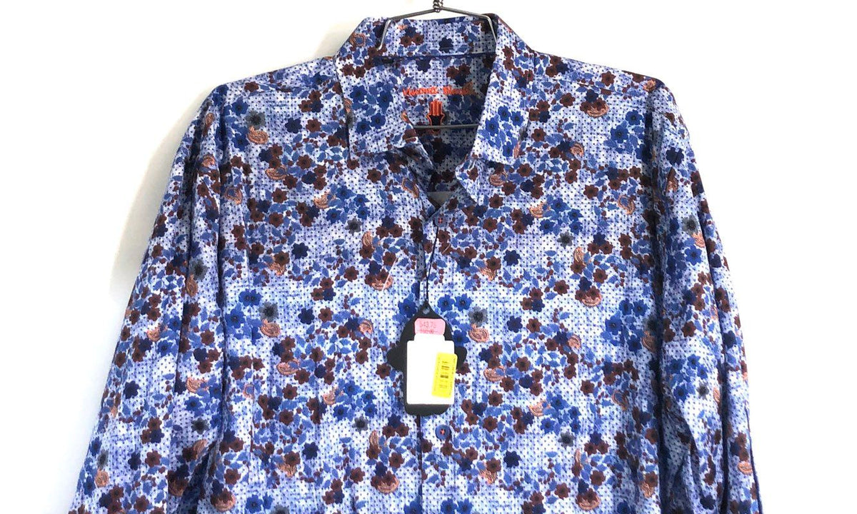 Luchiano Visconti Men's Shirt Blue Brown Floral Paisley Stretch Cotton Sz L NWT