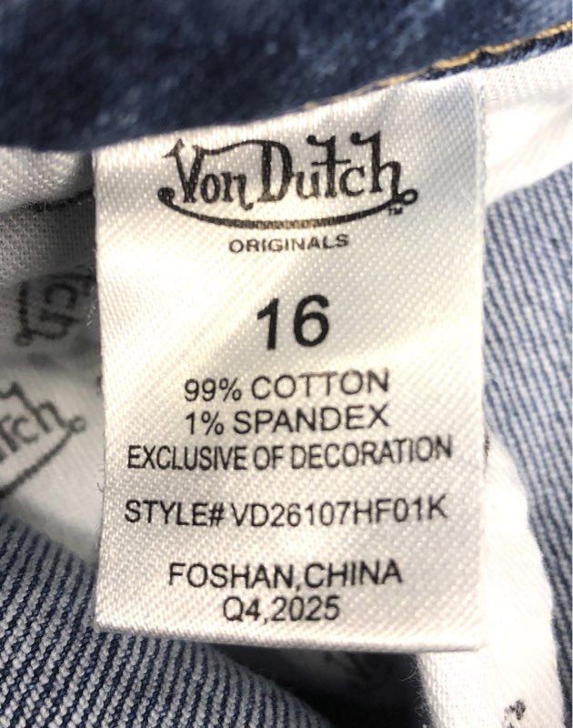 Von Dutch Kids Blue Originals Graphic Panel Wide Leg Jeans Sz 16