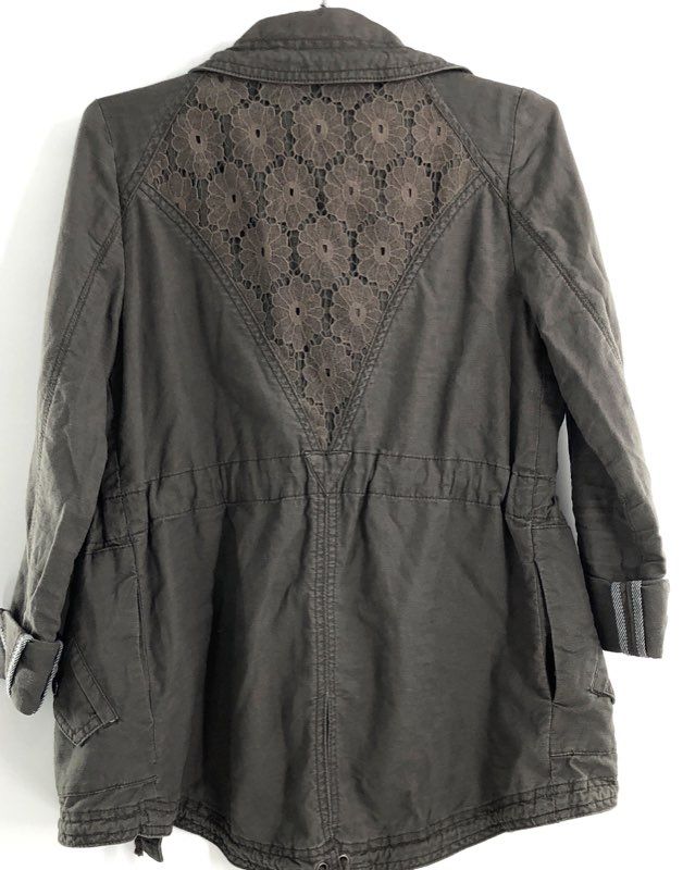 Hei Hei Women's Gray Lace Back Floral Detail Full Zip Utility Field Jacket Sz XS