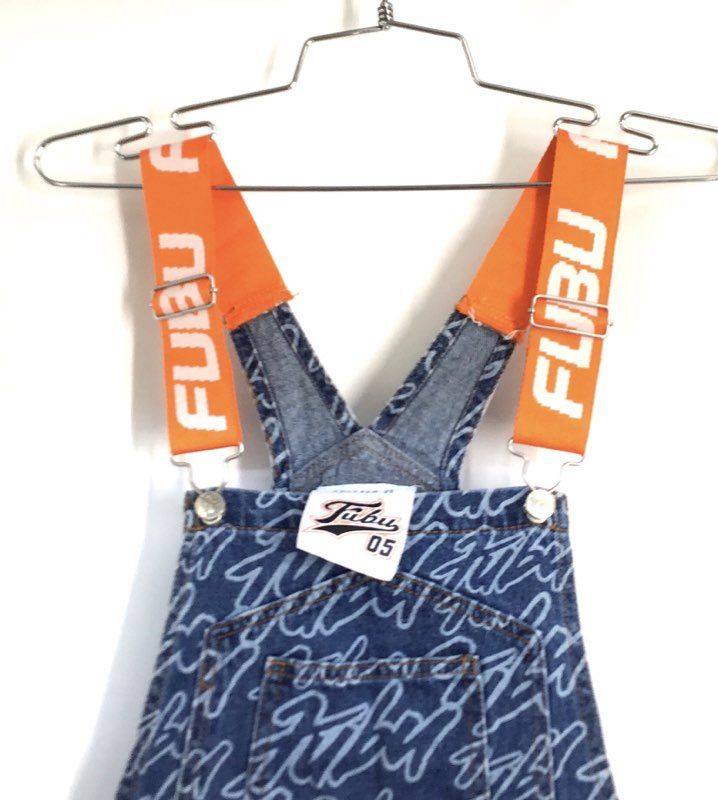 Forever 21 Women's Blue Denim All Over Print Script Logo Overalls Sz S