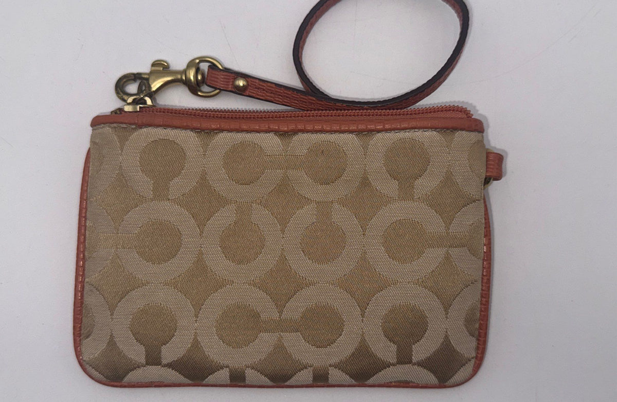 Coach Beige Signature Canvas Small Wristlet Pouch Brown Leather Gold Logo