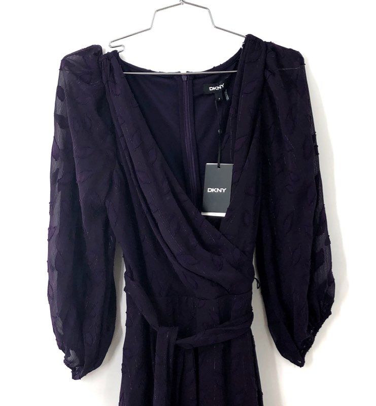 DKNY Women's Purple Metallic Clip Dot Bishop Sleeve Tie Waist Dress NWT Size 8